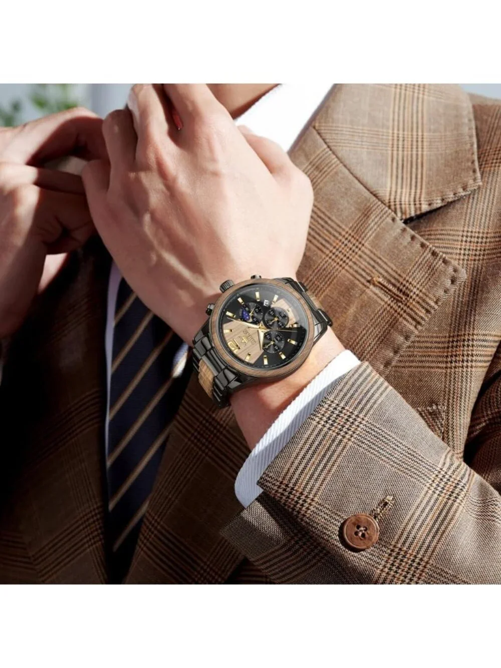 Men's Black Quartz Stainless Steel Waterproof Luminous Date Luxury Wooden Watch